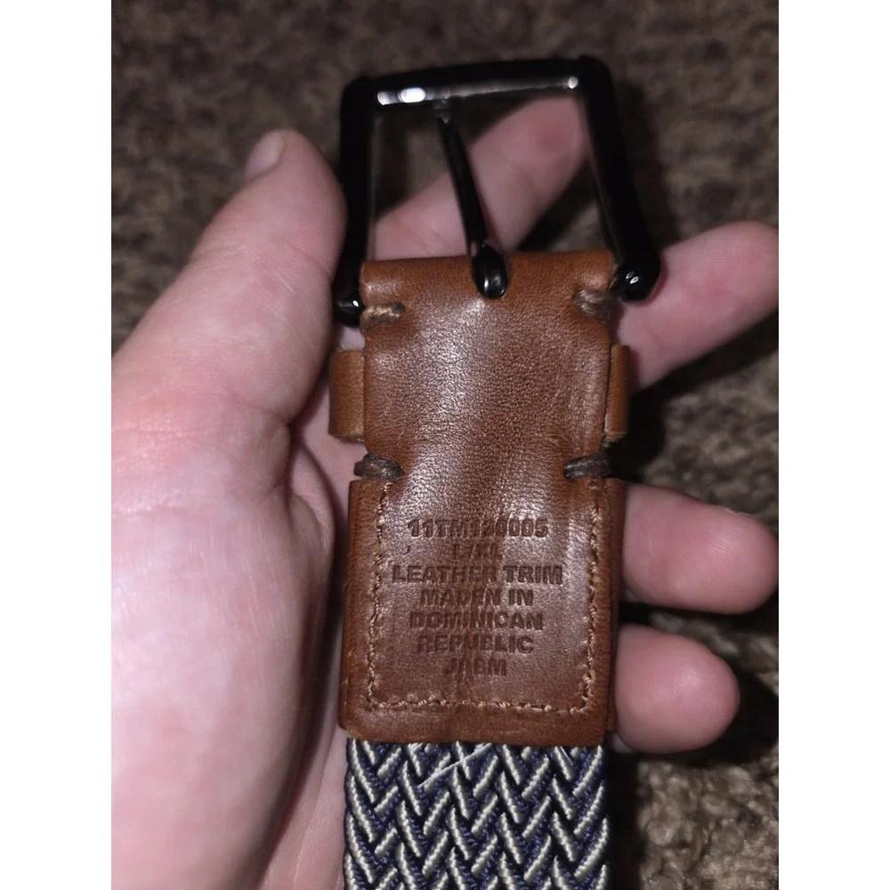 Tommy Bahama Men's Belt Size L Navy Braided Woven Stretch & Brown Leather